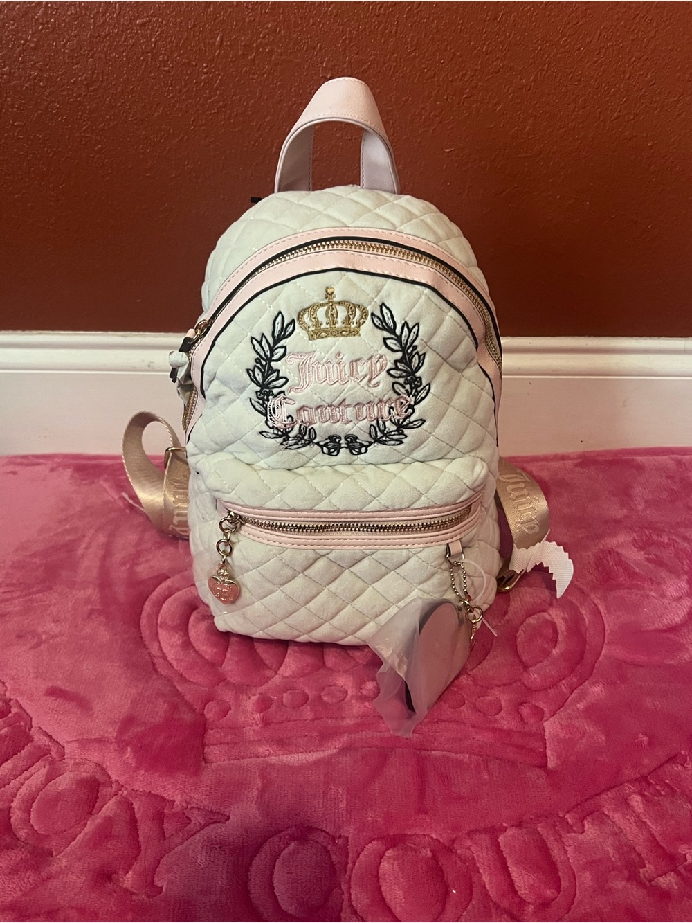 Juicy Couture Light Pink Satin Mini Backpack with Gold Accents